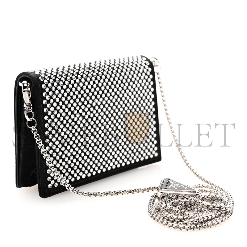 Pra*a satin crystal metal triangle logo card holder with strap cristal 1mr024 (11.5*8cm)